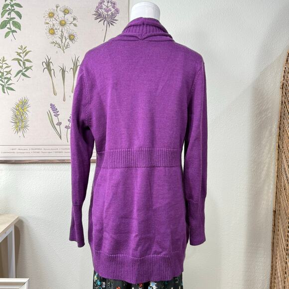 Eileen Fisher Purple Merino Wool One Button Collared Long Cardigan Sweater M - Picture 2 of 8